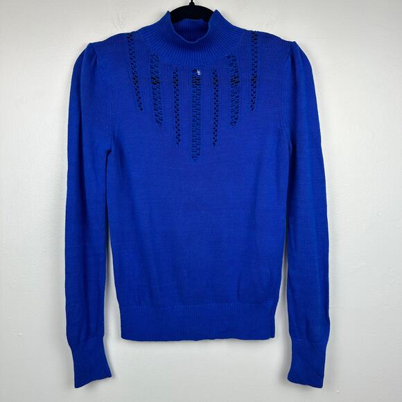 Free People Womens Long Sleeve Mock Neck Royal Blue Cutout Rib Knit Sweater XS - Picture 1 of 9